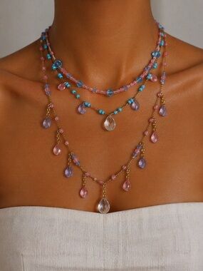 Joan Rivers Multicolor Crystal 3-Strand Necklace Pink Blue Crystals 2000s Y2K